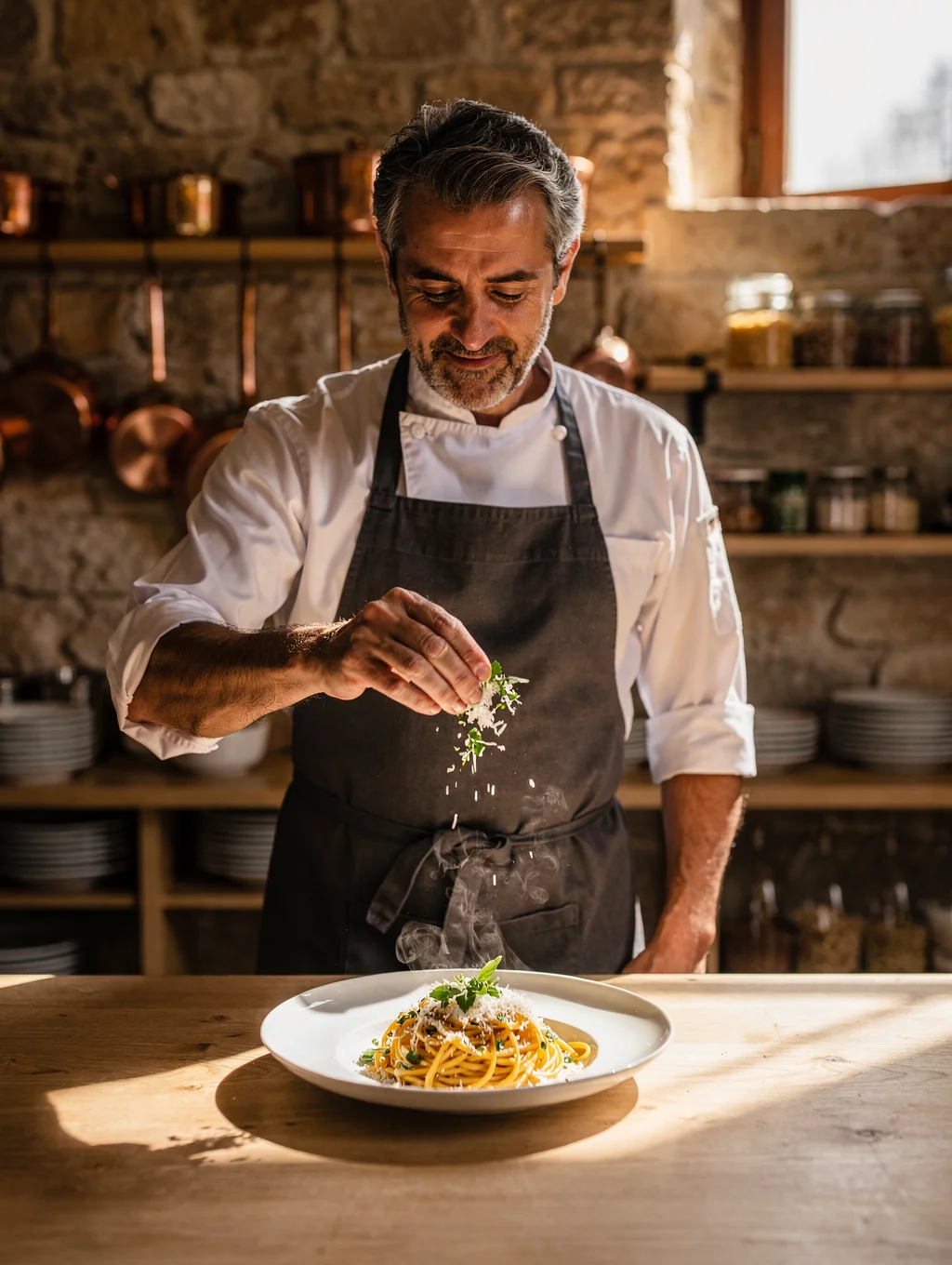 Executive Chef Alessandro Conti plating fresh pasta in the kitchen