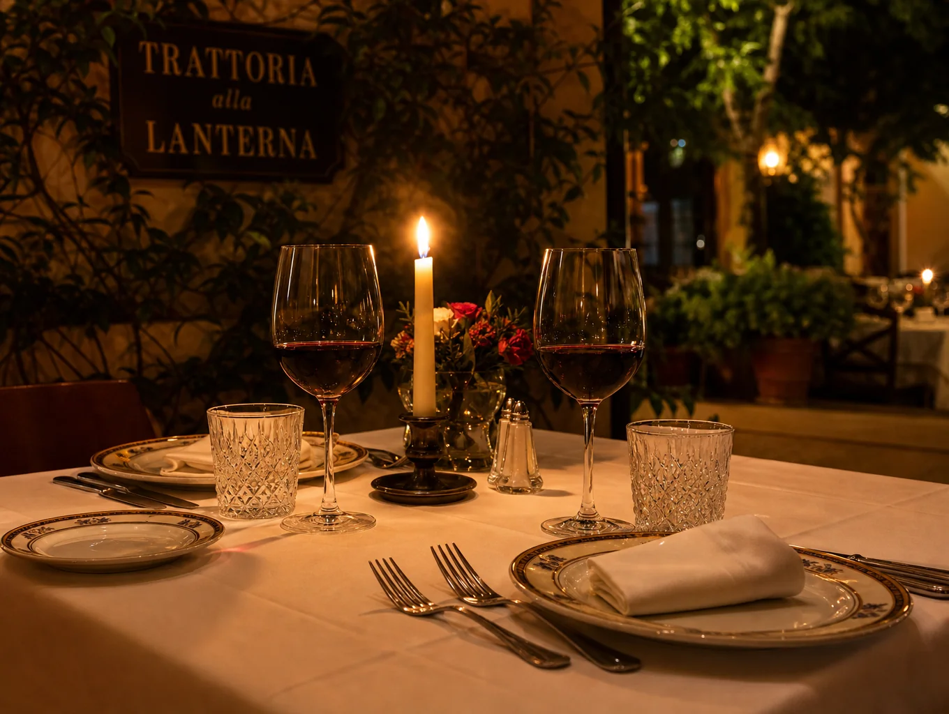 Romantic candlelit table setting in the main dining room