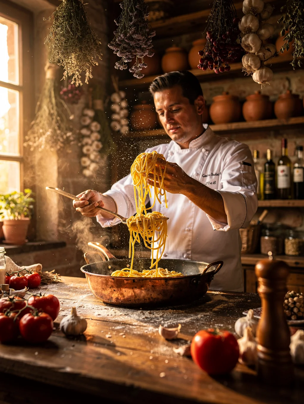 Chef preparing fresh seasonal pasta in our kitchen