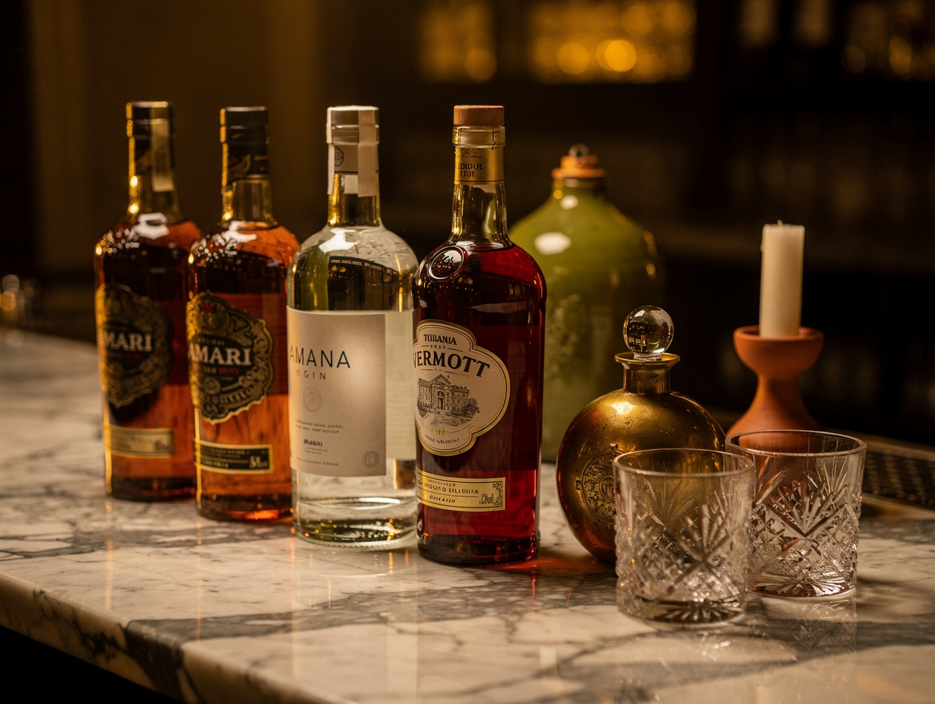 Selection of Italian digestivi bottles and glasses