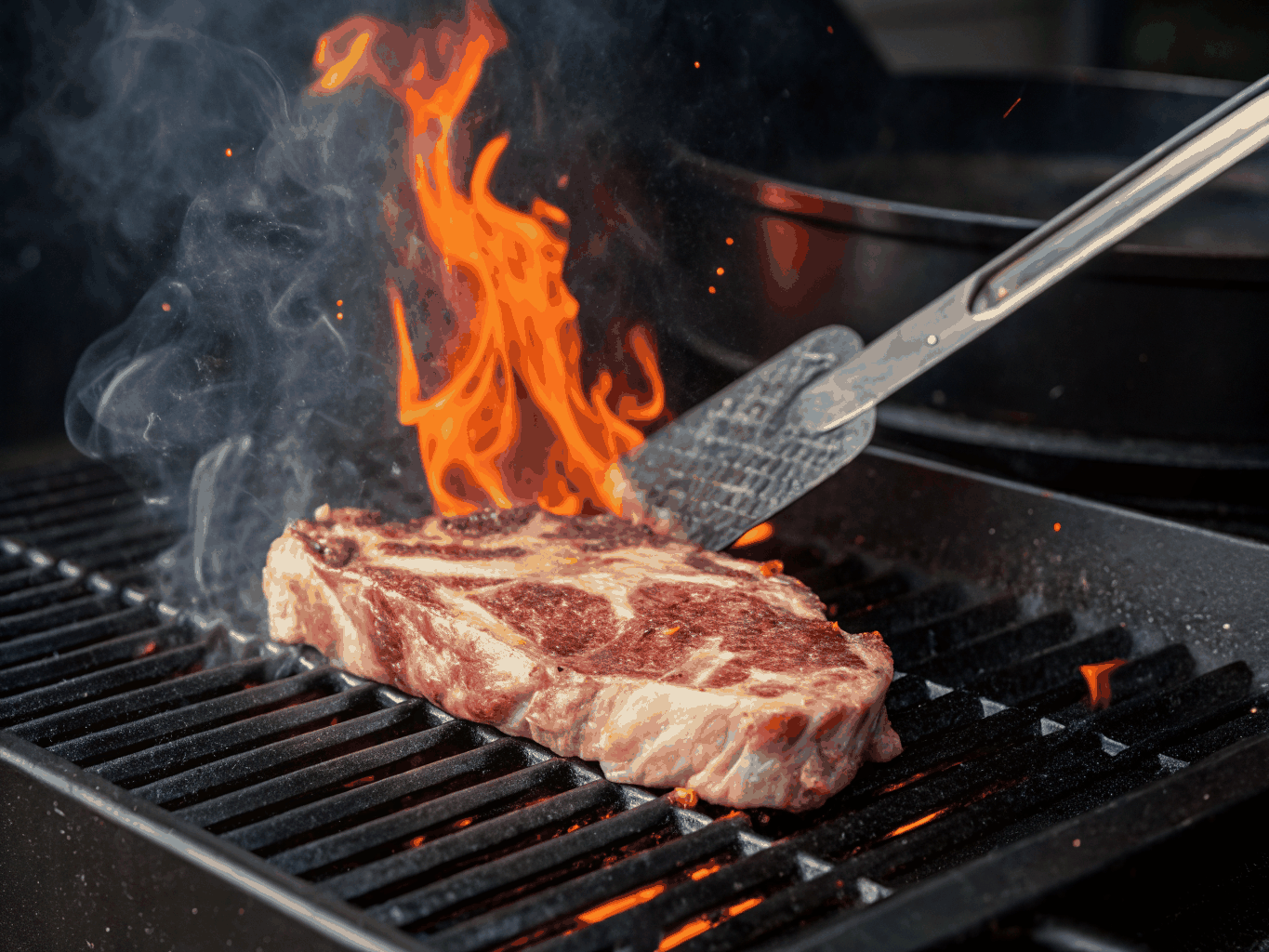 Steak being grilled over open wood flames in the kitchen