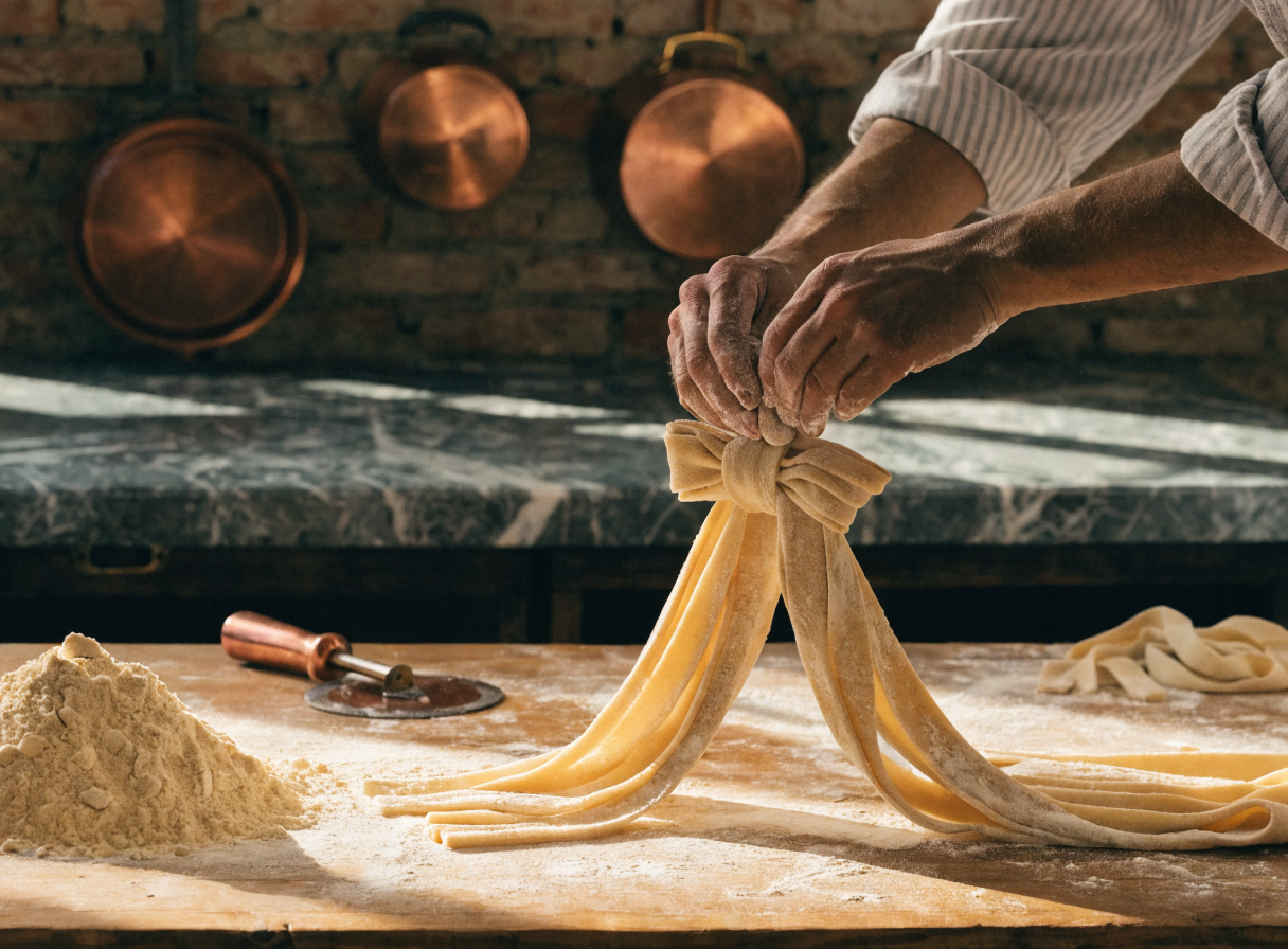 Chef preparing fresh handmade pasta in the open kitchen