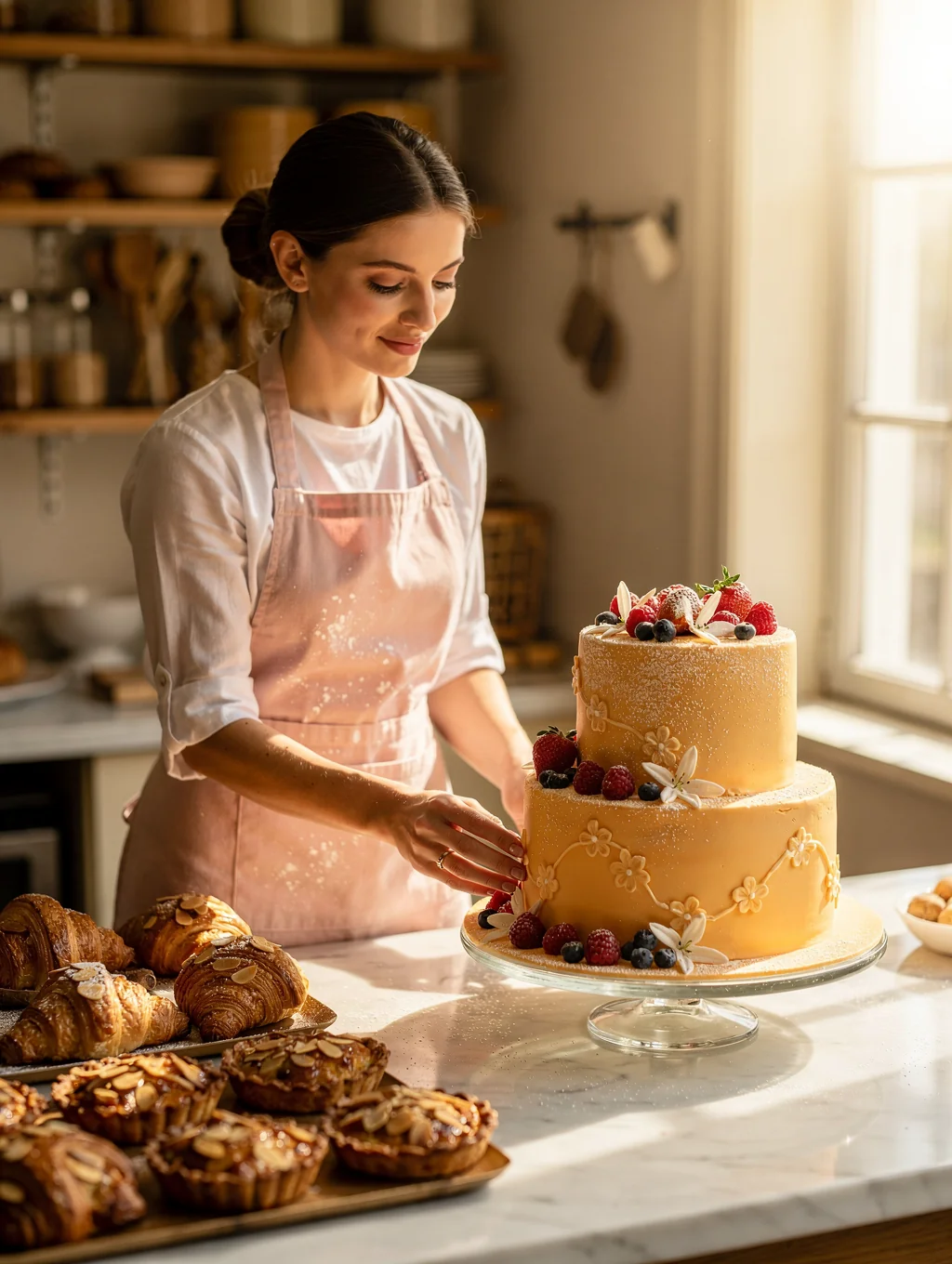 Pastry Chef Sofia Moretti garnishing artisanal dessert